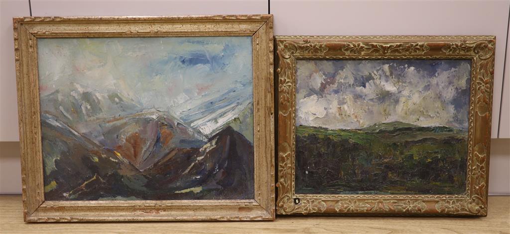 Peter Bishop, oil on canvas and on board, Landscape Kent and Scottish Highlands, both labelled, 29 x 37cm and 35 x 45cm